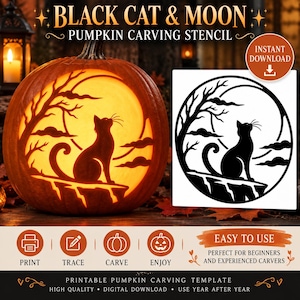 May include: A black cat and moon pumpkin carving stencil featuring a silhouette of a cat sitting on a ledge under a full moon and tree branches. The design is shown as a digital template and carved into an illuminated orange pumpkin.