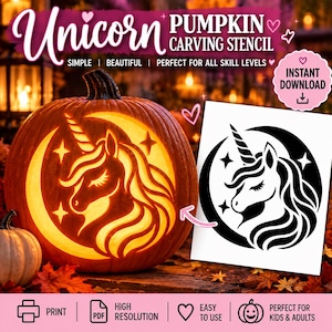 Puede incluir: Una plantilla digital para tallar calabazas con un gráfico en blanco y negro de una cabeza de unicornio con cuerno, rodeada por una luna creciente y estrellas. El diseño aparece sobre fondo blanco junto a una calabaza naranja tallada.