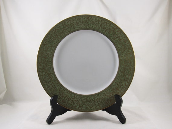 Vintage Sango China Versailles Dinner Plate Set: Gold Floral Green Rim (11 inch)