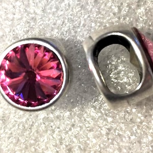 Sterling Silver Plated Slider, Double Stranded Rose Pink Swarovski Crystal Slider, 2 strand 5mm Round Leather Bracelets