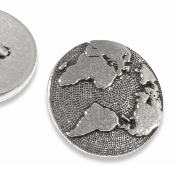 SALE: 1 Vintage Tierracast Button, Silver World Design, Antiqued Pewter, USA made, Silver, earth, map, Kallyco on Etsy