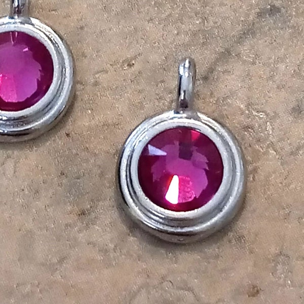 TierraCast Beaded Bezel Drop with Fuchsia Swarovski Crystal, Antique Silver Pendant, Crystal, Bracelet charm, Necklace, birthstone