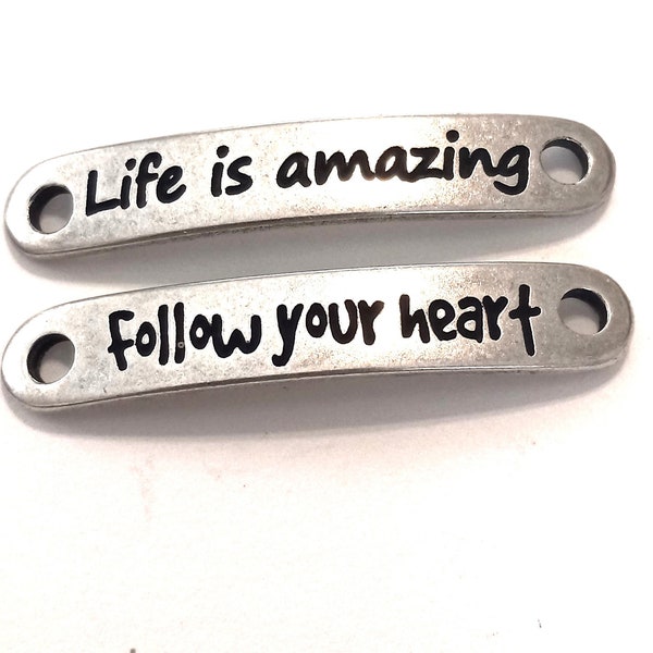 2 Bar Mix "Follow your heart" and "Life is amazing" Connector Bars, Bracelet Necklace Bar, Bag purse, jewelry, tag, Kallyco on Etsy