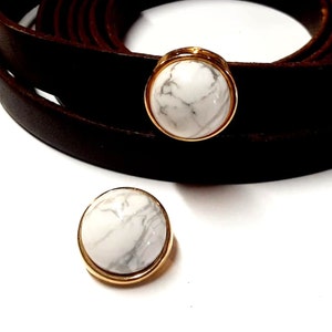 10mm Flat Leather Gold Slider, White Howlite Gemstone, medium frame bracelet finding, jewelry supplies,