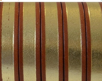 Per 8" 10mm Flat leather cord Cognac and Gold for flat leather bracelets, finding, jewelry supplies