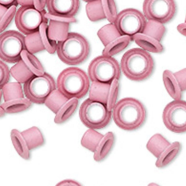 10 Eyelets, acrylic and brass, pink, 5x4mm with 3x3mm tube and 2.2mm inside diameter, fits 3.5-5mm hole.