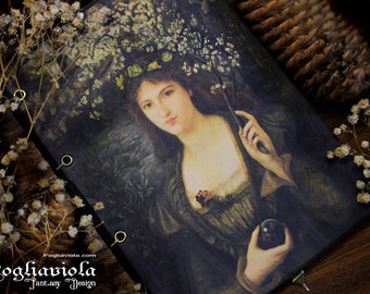 May include: A vintage-style painting of a woman with a crown of white blossoms, holding a branch with white flowers. The woman is wearing a dark green dress and has a soft, ethereal expression. The background is a dark forest with a hint of blue.