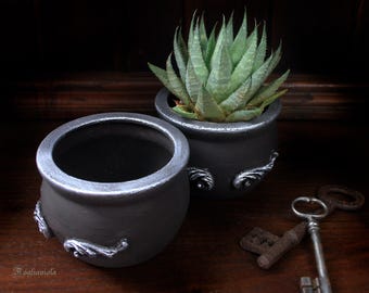 May include: Two round, matte charcoal gray pots with metallic silver rims and decorative silver wing-like accents on the sides. One pot is empty, while the other contains a green succulent plant. Two antique metal keys lie nearby.