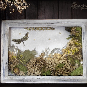 Może przedstawiać: Oprawione pudełko cieni z białym, postarzanym wykończeniem. Wewnątrz ważka i gwiazdy zdobią krajobraz z suszonych kwiatów, mchu i kryształów. Dzieło sztuki jest oznaczone jako "Boghiaviola Fantasy Design".