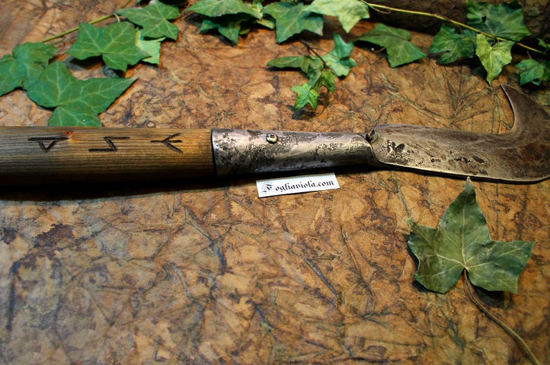 VIKINGS AXE RUNE pagan billhook handmade forged rustic hatchet medieval blade wood druid vintage hook algiz roncol slasher men gift