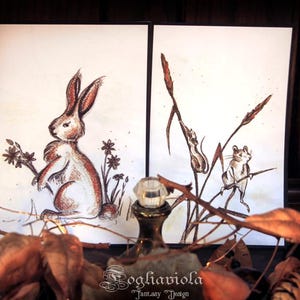 CARTOLINA COUNTRY AUTUNNALE coniglio topolini illustrazione originale animali del bosco biglietto di auguri natale compleanno