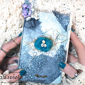 FAIRY JOURNAL bird NEST enchanted diary blue easter junk scrap fantasy lover magic ostara grimoire book of shadows unique design purple leaf
