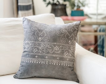 Chinese Batik Pillow Vintage, Rare Gray Color, 18x18 Inch Square