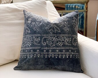 Vintage Chinese Batik Pillow, Dusty Blue Gray Color,