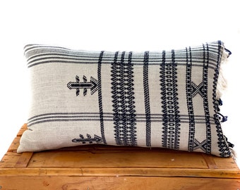 Indian Bedcover Lumbar Pillow, 100% Handwoven Cotton, Black and White, 12"x20"