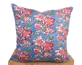 Indian Block Print Pillow Cover 20" Blue and Pink