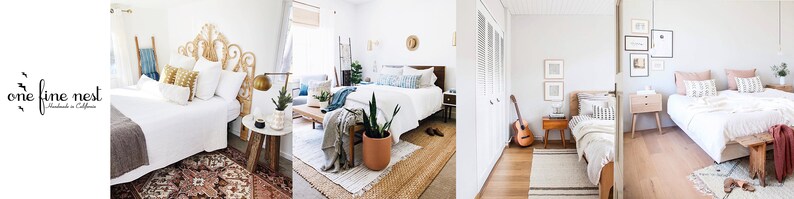 Peut inclure: Trois chambres &agrave; coucher avec literie blanche, meubles en bois et divers &eacute;l&eacute;ments de d&eacute;coration. La premi&egrave;re chambre dispose d'une t&ecirc;te de lit en bois avec un design tiss&eacute;, d'un tapis gris et d'une plante dans un pot en terre cuite. La deuxi&egrave;me chambre a un tapis blanc et une plante dans un pot en terre cuite. La troisi&egrave;me chambre a un tapis blanc, une table de chevet en bois et une guitare appuy&eacute;e contre le mur.