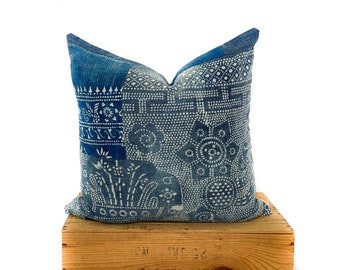 Vintage Chinese Batik Pillow | Light Faded Indigo | Rare Pattern and Patchwork