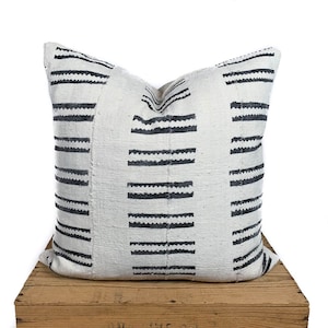 African Mudcloth Pillow Cover, with Black Tribal Bar Pattern, 18 Inch square