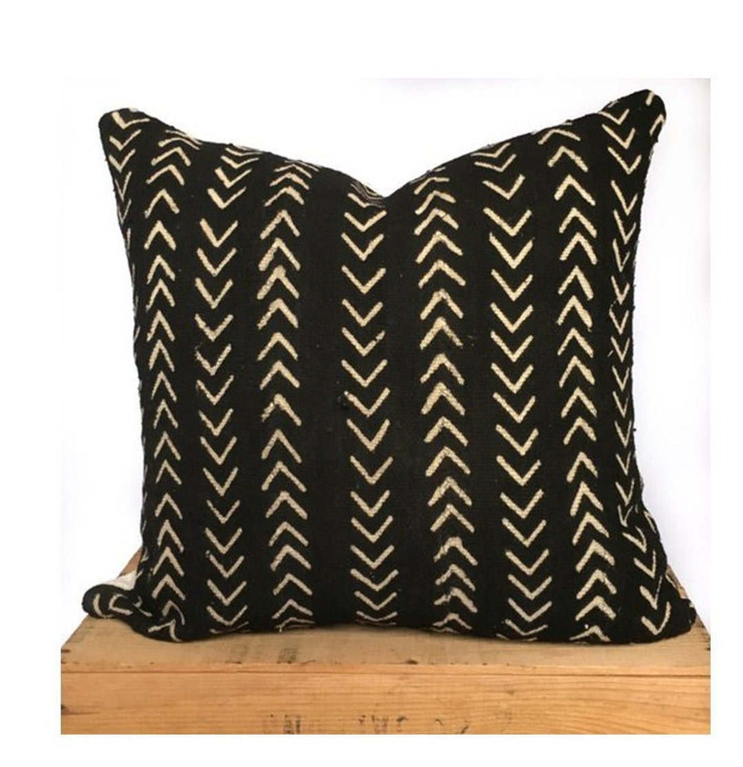 Boho Throw Pillow, Black and White African Mud Cloth Pillow Cover