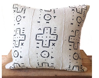 African Mudcloth Pillow Cover, Black and White, Handmade in USA