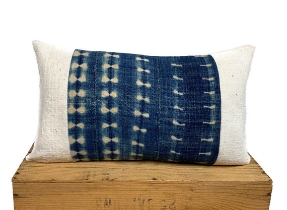 Vintage Indigo Mudcloth Pillow Cover Faded Indigo Mudcloth Pillow Cover for