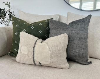 Throw pillow combo. Vintage grain sack, Indian block print, and linen.