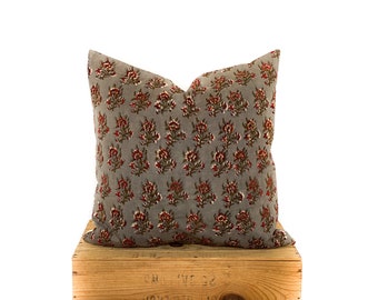 Indian Block Print Pillow Cover, 20" Gray with Flowers, Multiple Sizes Available