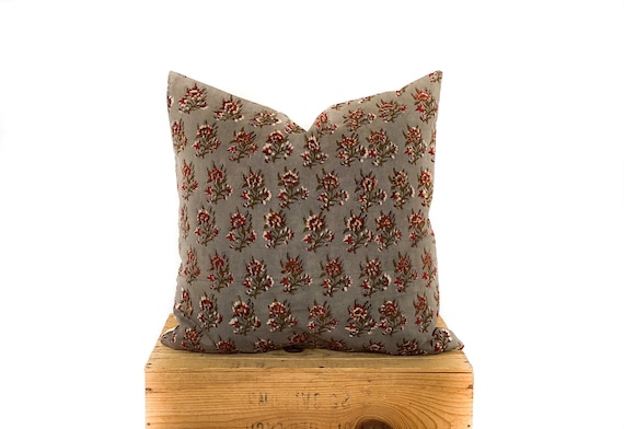 Indian Block Print Pillow Cover, 20" Gray with Flowers, Multiple Sizes Available