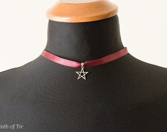 Pentacle Necklace in Sterling Silver and Satin, Ribbon Choker, wicca, pagan, gothic, dark