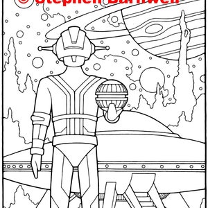Sci Fi Coloring Page - Robot and Flying Saucer - Adult Coloring Pages