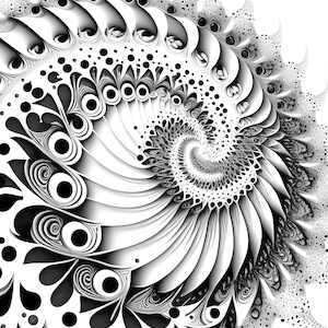 K&ouml;nnte beinhalten: Ein abstraktes Schwarzwei&szlig;bild einer Spirale mit komplizierten Details. Die Spirale besteht aus &uuml;berlappenden Kreisen und Linien, die ein Gef&uuml;hl von Tiefe und Bewegung erzeugen.