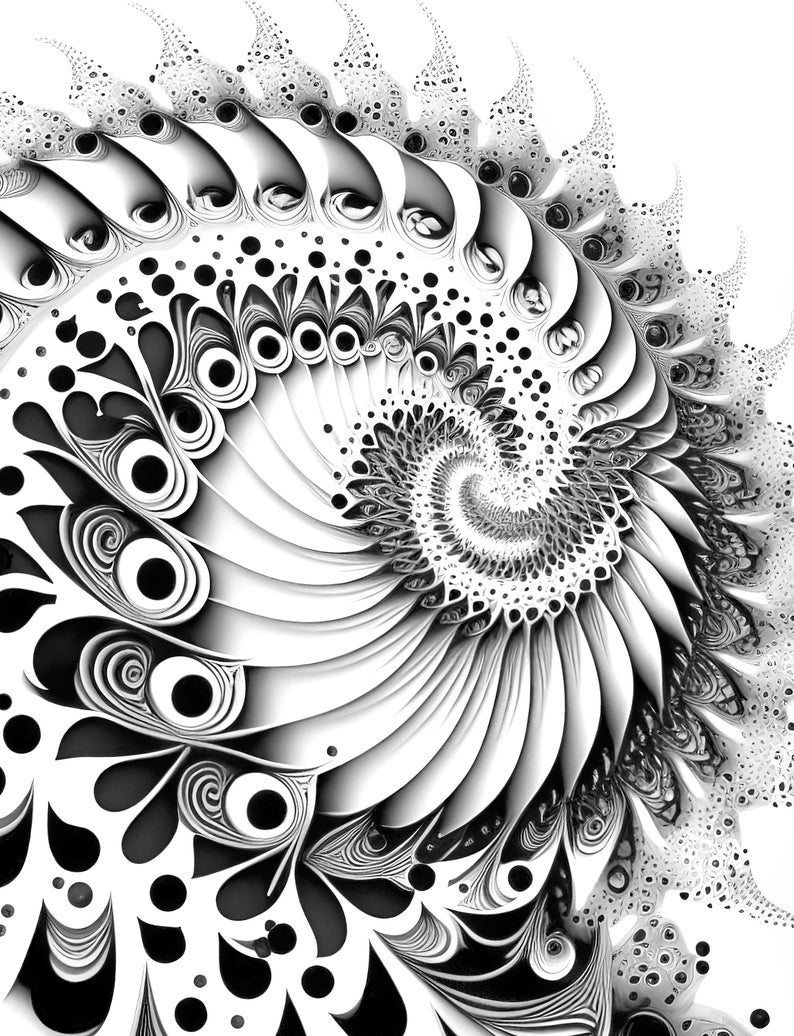 K&ouml;nnte beinhalten: Ein abstraktes Schwarzwei&szlig;bild einer Spirale mit komplizierten Details. Die Spirale besteht aus &uuml;berlappenden Kreisen und Linien, die ein Gef&uuml;hl von Tiefe und Bewegung erzeugen.