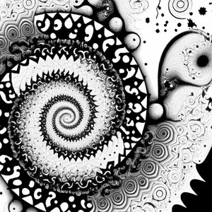 K&ouml;nnte beinhalten: Schwarze und wei&szlig;e abstrakte digitale Kunst mit einem Spiralmuster auf einem strukturierten Hintergrund.