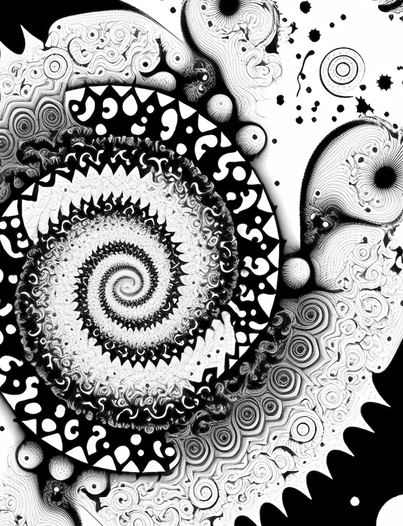 K&ouml;nnte beinhalten: Schwarze und wei&szlig;e abstrakte digitale Kunst mit einem Spiralmuster auf einem strukturierten Hintergrund.