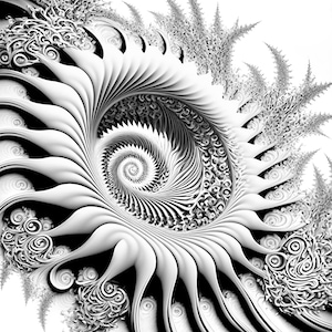 K&ouml;nnte beinhalten: Ein abstraktes Fraktalbild in Schwarzwei&szlig; mit einem Spiraldesign. Die Spirale ist von einer Reihe konzentrischer Kreise und einem strukturierten, organischen Muster umgeben.