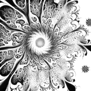 K&ouml;nnte beinhalten: Schwarz-wei&szlig;es abstraktes Fraktal-Kunstwerk mit einem wirbelnden, floralen Design. Das Design ist kompliziert und detailliert, mit einem zentralen Punkt und strahlt nach au&szlig;en.