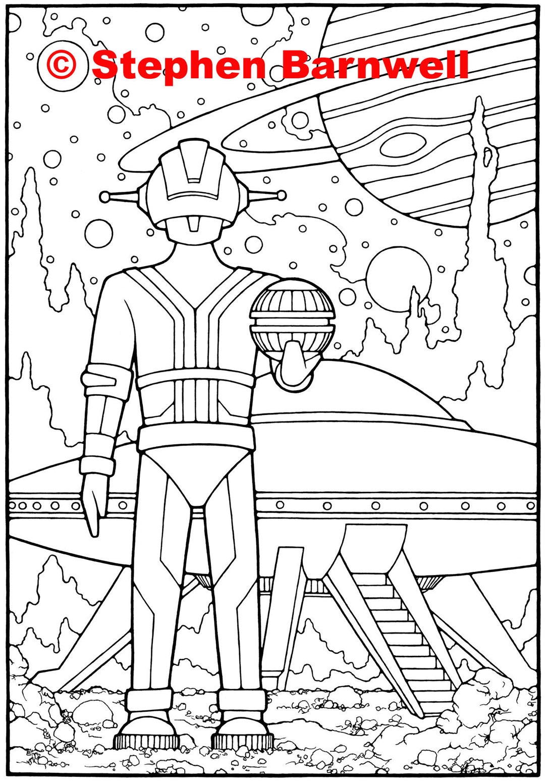 Sci Fi Coloring Page Robot and Flying Saucer Adult Coloring Pages - Etsy