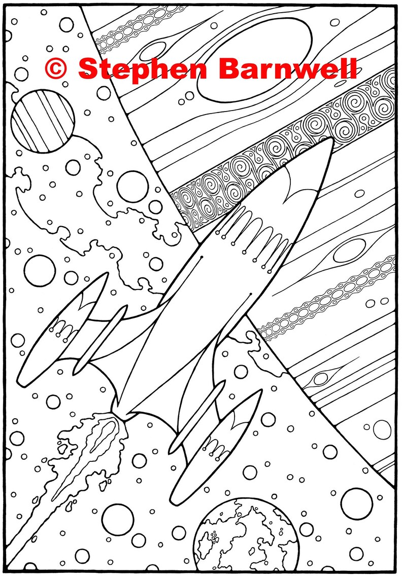 May include: A black and white line drawing of a rocket ship flying through space. The rocket ship has a long, pointed nose and two large wings. It is surrounded by stars and planets. The text "Stephen Barnwell" is in the upper right corner of the image.
