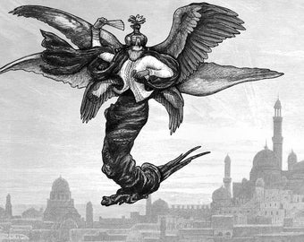 May include: A black and white illustration of an angel with wings spread wide, flying over a city skyline. The angel is depicted as a human figure with a feathered halo and a long, flowing robe. The city skyline is in the background, with buildings and minarets visible.