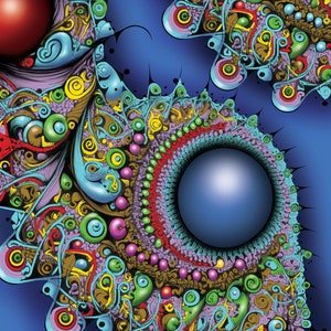 K&ouml;nnte beinhalten: Ein farbenfrohes abstraktes Design mit wirbelnden Mustern und einem gro&szlig;en blauen Kreis in der Mitte. Das Design besteht aus verschiedenen Formen und Farben, darunter Gr&uuml;n, Rot, Gelb und Lila.