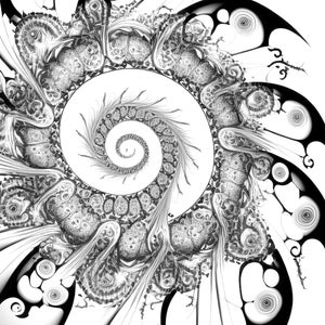 K&ouml;nnte beinhalten: Ein abstraktes Fraktalbild in Schwarzwei&szlig; mit einem Spiraldesign. Die Spirale ist von einer Reihe von komplizierten Mustern und Formen umgeben.