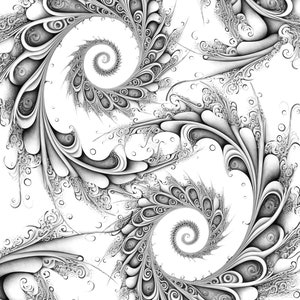 K&ouml;nnte beinhalten: Schwarz-wei&szlig; abstrakte Illustration von drei sich drehenden Spiralen mit komplizierten Details. Die Spiralen bestehen aus &uuml;berlappenden, gekr&uuml;mmten Linien und Formen, die ein Gef&uuml;hl von Bewegung und Tiefe erzeugen.