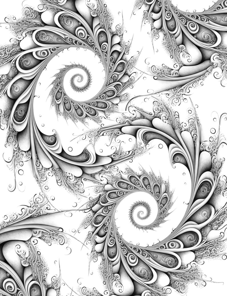 K&ouml;nnte beinhalten: Schwarz-wei&szlig; abstrakte Illustration von drei sich drehenden Spiralen mit komplizierten Details. Die Spiralen bestehen aus &uuml;berlappenden, gekr&uuml;mmten Linien und Formen, die ein Gef&uuml;hl von Bewegung und Tiefe erzeugen.