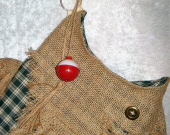 Christmas Stocking Burlap Fish Stocking with Hook - Colored Check - Different Colors Available