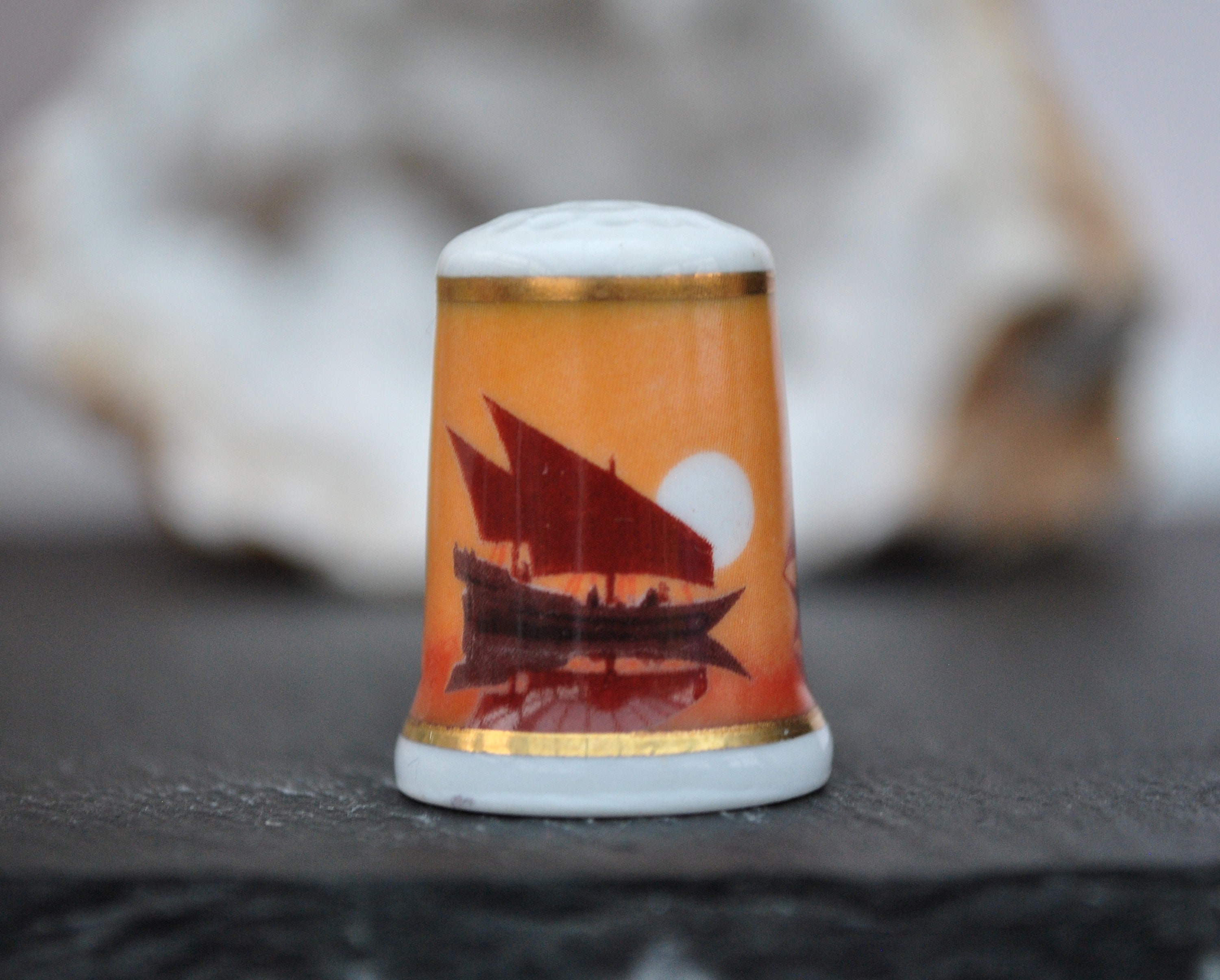 Limoges Sunset Vintage china thimble France Sailing boats