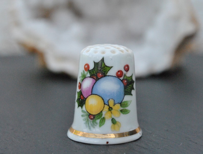 Holly bush Christmas baubles Vintage china thimble