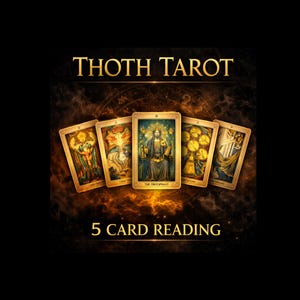 Può includere: Immagine di cinque carte dei Tarocchi Thoth disposte a ventaglio. Le carte hanno bordi dorati e illustrazioni dettagliate. Il testo "THOTH TAROT" e "5 CARD READING" è visualizzato in lettere dorate.