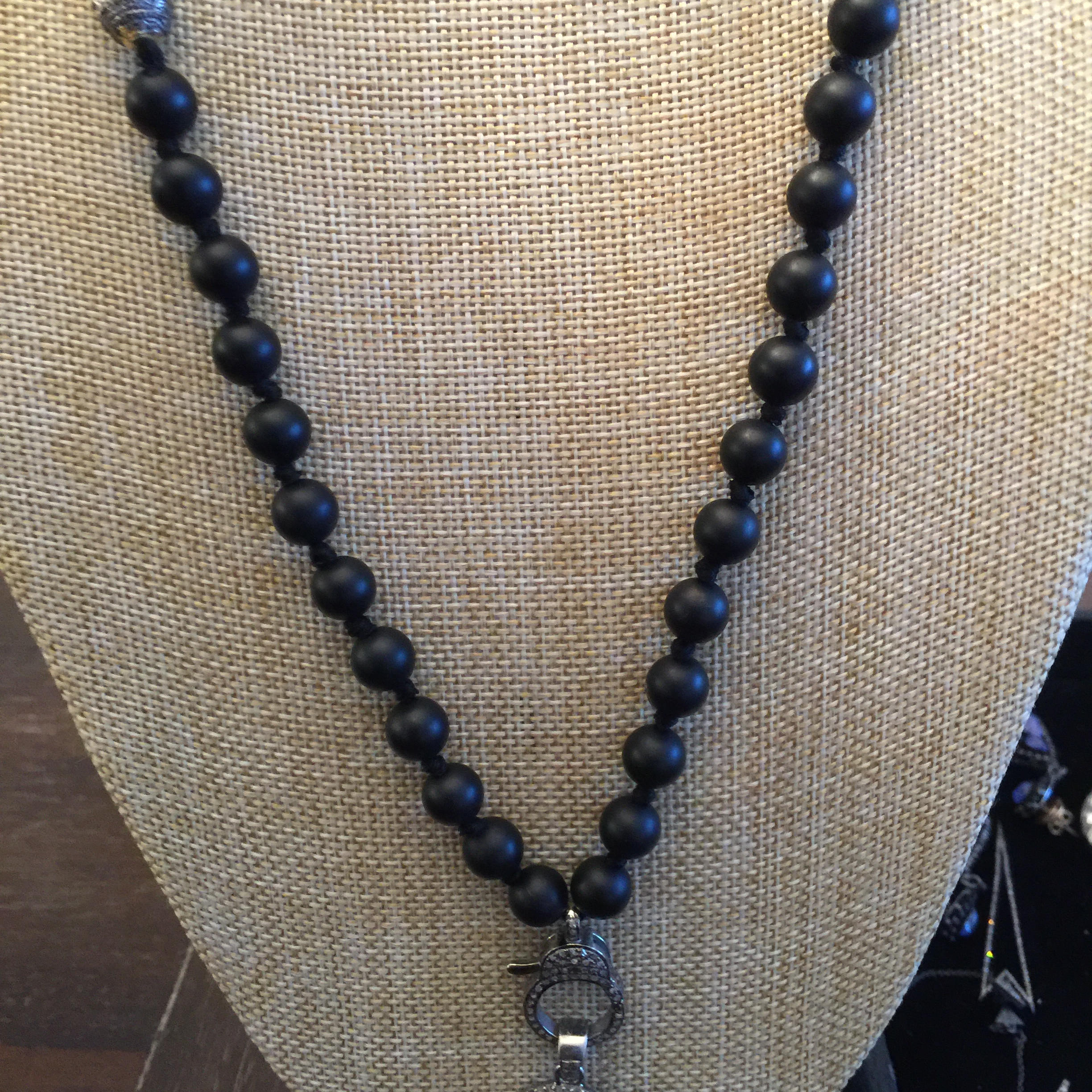 Matt Finish Onyx 42 Hand Knotted Beaded Necklace with Diamond Clasp and