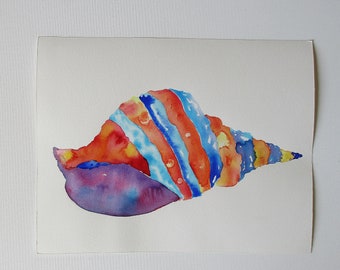 Coastal beach wall art, tropical ocean home decor, original artwork, colorful shell art, seashell watercolor painting, original watercolor